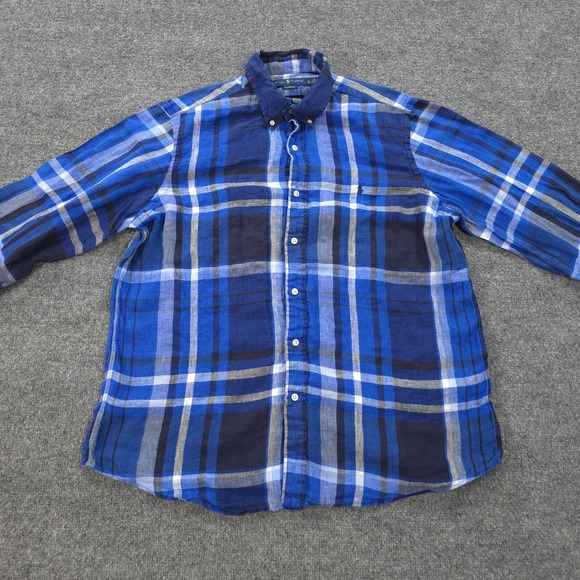 Ralph Lauren‎ Shirt Mens Extra Large Blue Plaid 100% Linen Pony Logo Dress Prep - Picture 2 of 12